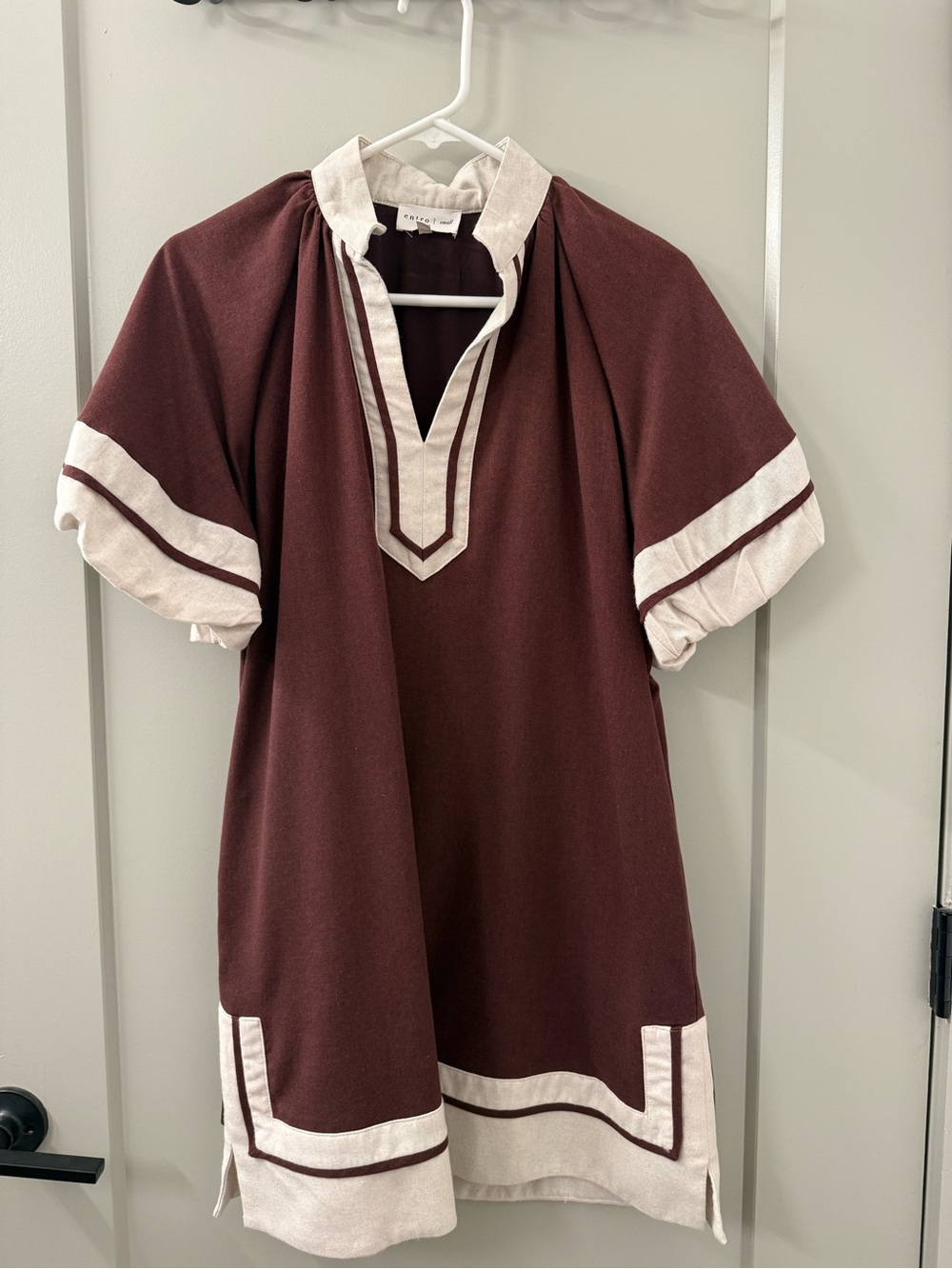 entro Maroon Short Sleeve Tunic with Cream Trim